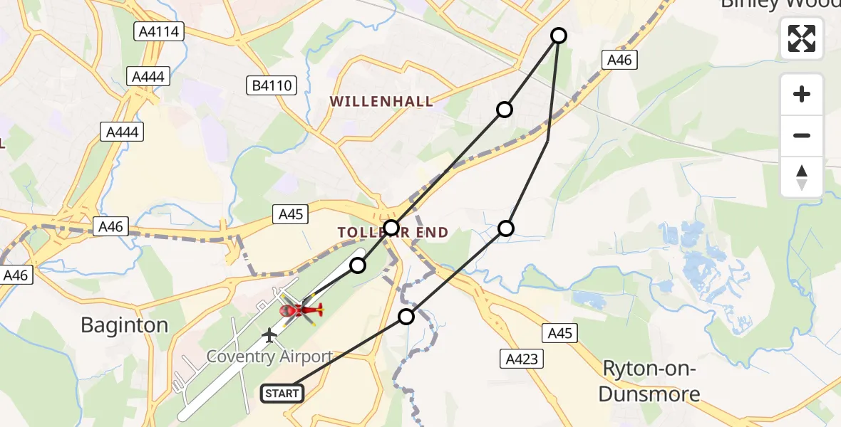 Flight route Air Ambulance Helicopter Coventry Airport - Coventry Airport, 09 June 2026, 19:56