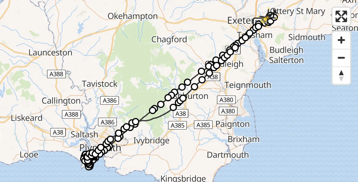 Flight route Police Helicopter Clyst Honiton - Exeter International Airport, 09 June 2026, 20:01