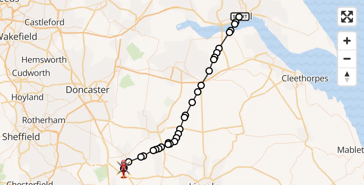 Flight route Air Ambulance Helicopter Hull Royal Infirmary - Retford Gamston Airport, 09 June 2026, 20:09