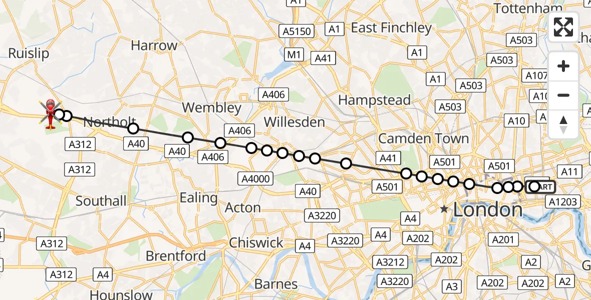 Flight route Air Ambulance Helicopter Royal London Hospital - RAF Northolt, 09 June 2026, 20:19