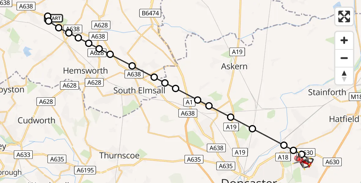 Flight route Air Ambulance Helicopter YAA Nostell Helicopter Port - Armthorpe, 09 June 2026, 20:24