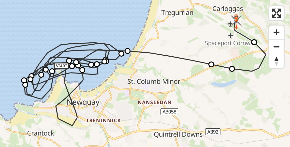 Flight route Coastguard Helicopter Bristol Channel - Cornwall Airport Newquay, 09 June 2026, 20:27