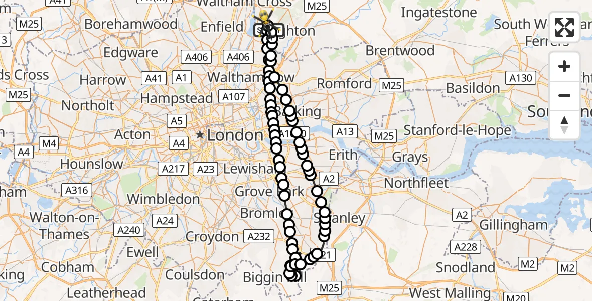 Flight route Police Helicopter Metropolitan Police Air Support Unit Lippitts Hill - Metropolitan Police Air Support Unit Lippitts Hill, 09 June 2026, 20:35