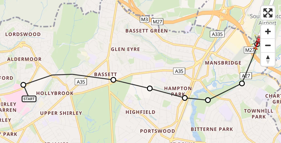 Flight route Air Ambulance Helicopter University Hospital Southampton - Southampton Airport, 09 June 2026, 20:56