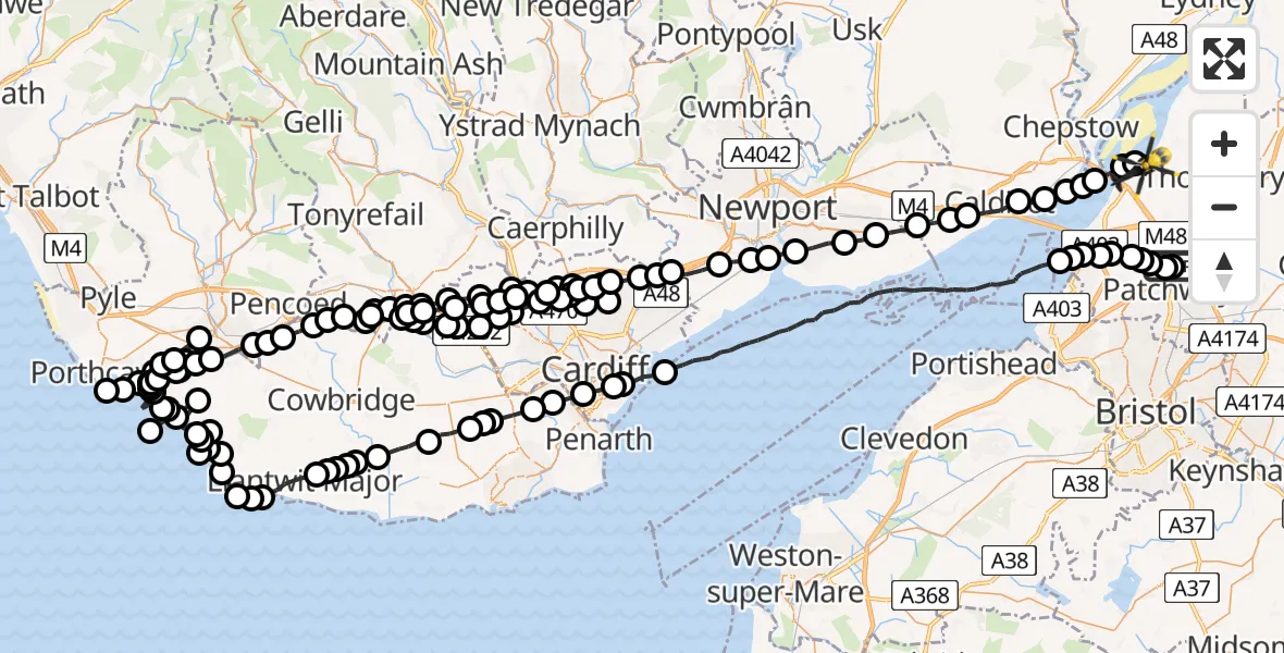 Flight route Police Helicopter Almondsbury Helicopter Base - Littleton-upon-Severn, 09 June 2026, 21:00