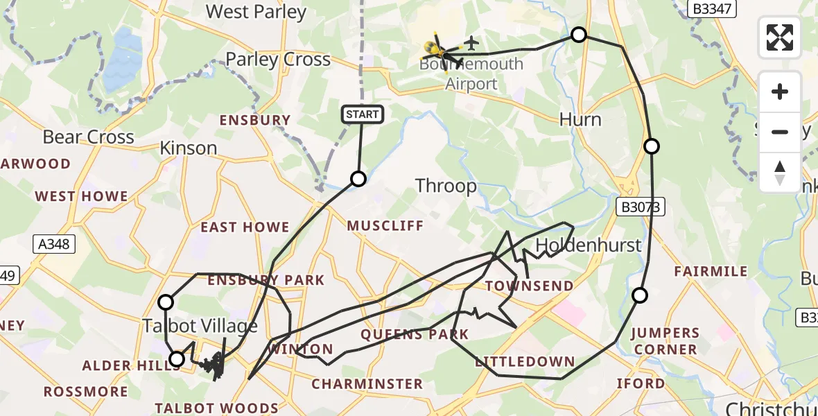 Flight route Police Helicopter Hurn - Bournemouth Airport, 09 June 2026, 21:09