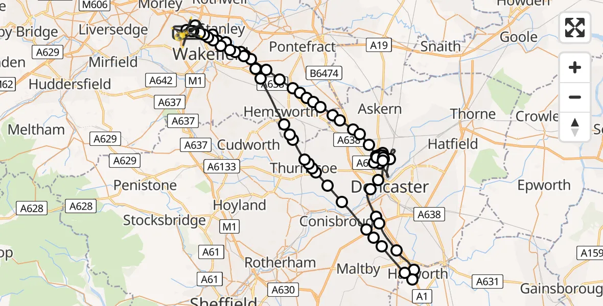 Flight route Police Helicopter East Ardsley - East Ardsley, 09 June 2026, 21:12