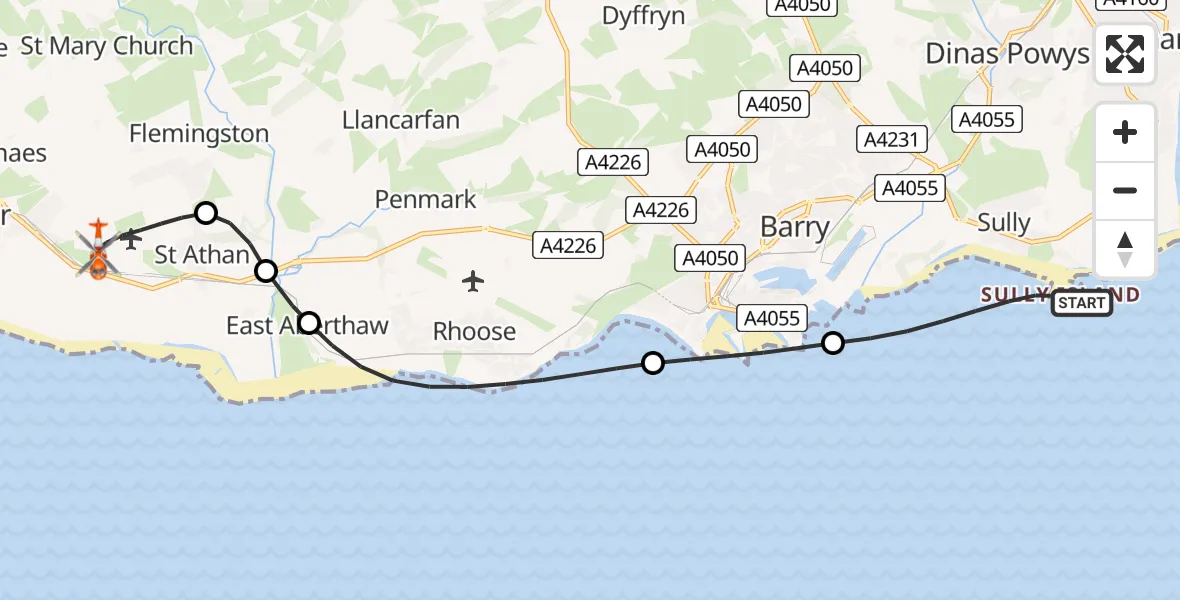 Flight route Coastguard Helicopter Sully - MOD St Athan, 09 June 2026, 21:15