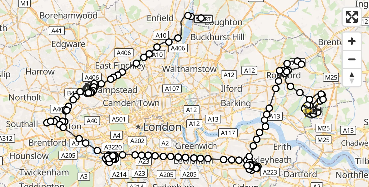 Flight route Police Helicopter Metropolitan Police Air Support Unit Lippitts Hill - Corbets Tey, 09 June 2026, 21:29