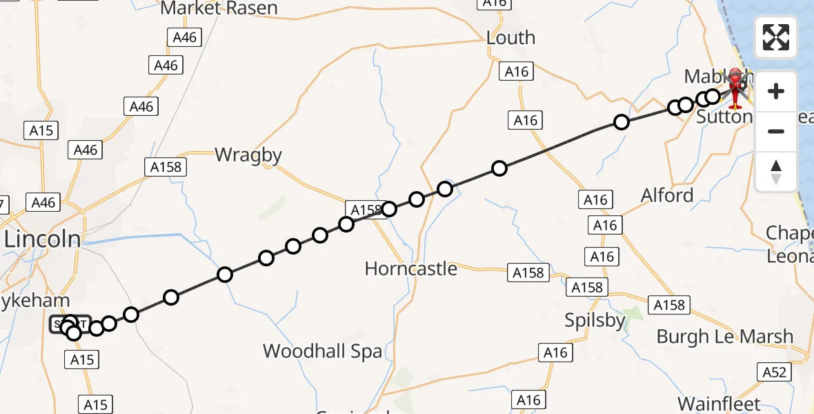 Flight route Air Ambulance Helicopter RAF Waddington - Mablethorpe, 09 June 2026, 21:46