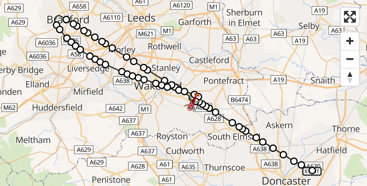 Flight route Air Ambulance Helicopter Armthorpe - YAA Nostell Helicopter Port, 09 June 2026, 22:04
