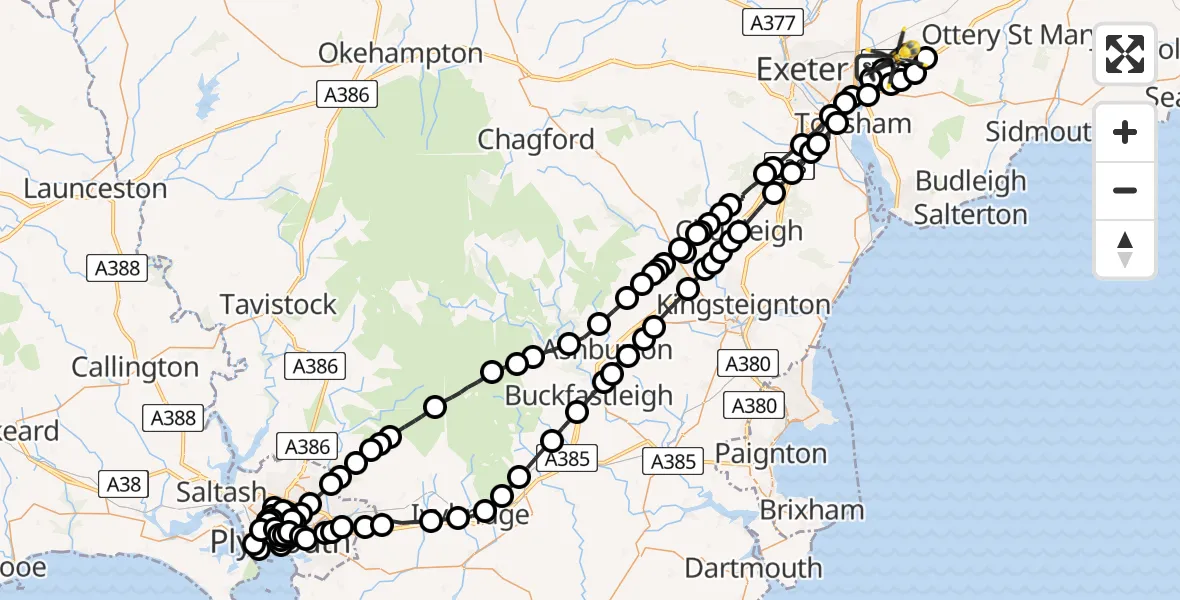 Flight route Police Helicopter Exeter International Airport - Exeter International Airport, 09 June 2026, 22:09