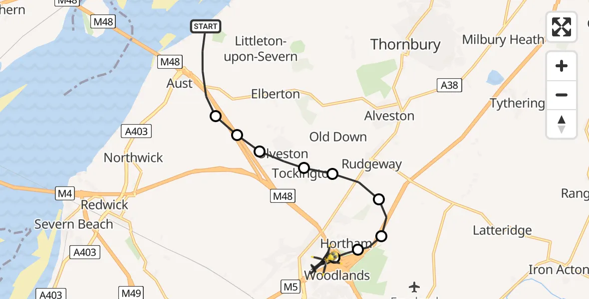 Flight route Police Helicopter Littleton-upon-Severn - Almondsbury Helicopter Base, 09 June 2026, 22:17