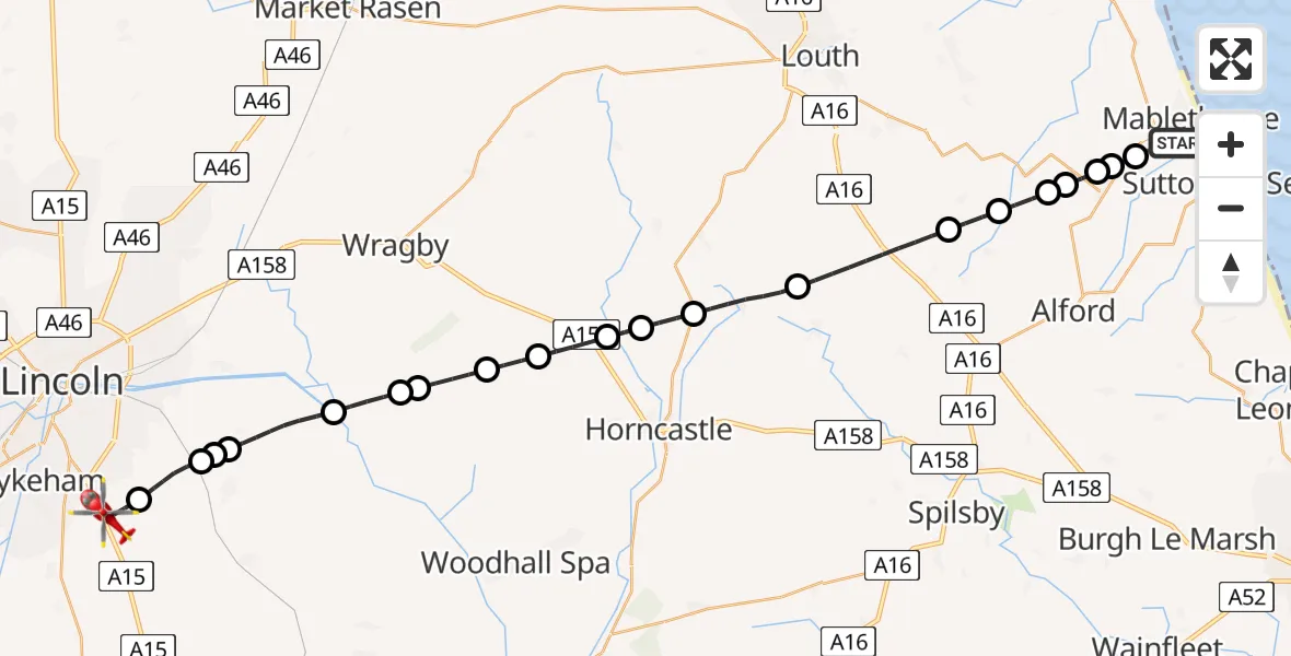 Flight route Air Ambulance Helicopter Mablethorpe - North Kesteven, 09 June 2026, 22:19