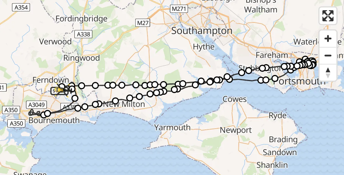 Flight route Police Helicopter Parley Cross - Bournemouth Airport, 09 June 2026, 22:28