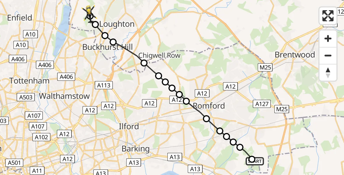 Flight route Police Helicopter Damyns Hall Aerodrome - Metropolitan Police Air Support Unit Lippitts Hill, 09 June 2026, 22:55