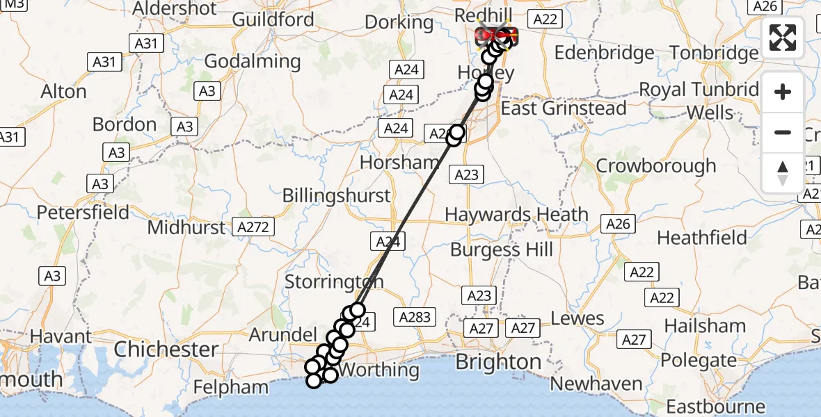 Flight route Air Ambulance Helicopter Redhill Aerodrome - Redhill Aerodrome, 09 June 2026, 23:06