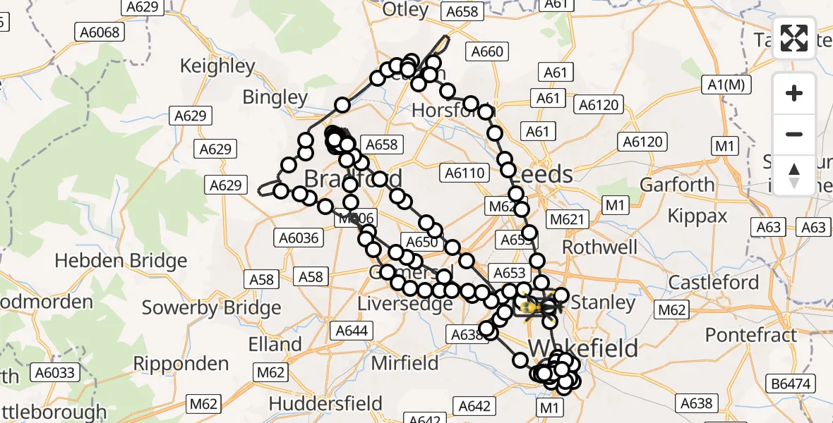 Flight route Police Helicopter East Ardsley - East Ardsley, 09 June 2026, 23:26