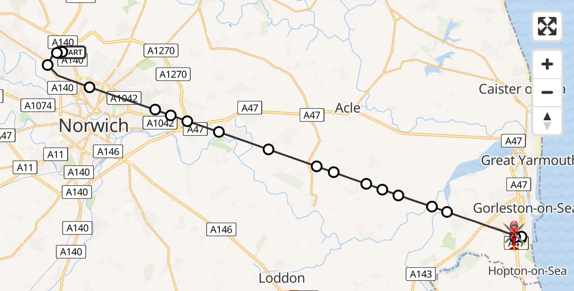 Flight route Air Ambulance Helicopter Norwich Airport - James Paget Hospital, 09 June 2026, 23:33