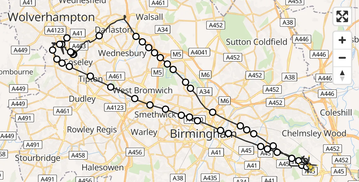 Flight route Police Helicopter Birmingham Airport - Birmingham Airport, 09 June 2026, 23:39