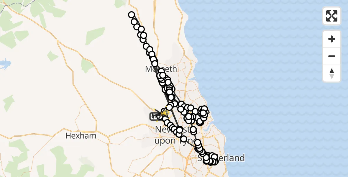 Flight route Police Helicopter Newcastle International Airport - Newcastle International Airport, 09 June 2026, 23:43