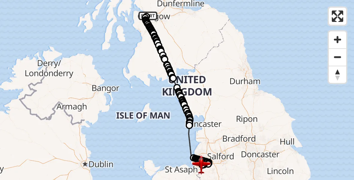 Flight route Air Ambulance Aircraft Glasgow Airport - Liverpool John Lennon Airport, 10 June 2026, 00:58