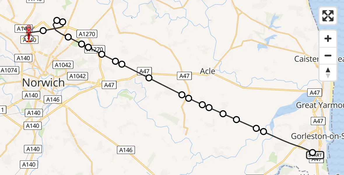 Flight route Air Ambulance Helicopter James Paget Hospital - Norwich Airport, 10 June 2026, 01:38