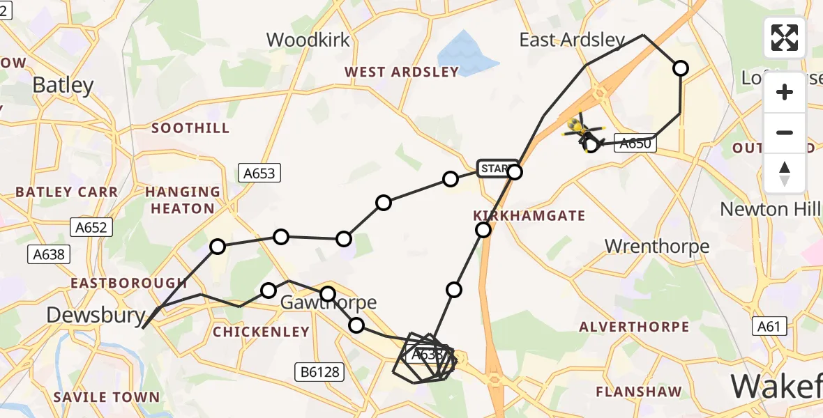 Flight route Police Helicopter East Ardsley - East Ardsley, 10 June 2026, 03:57