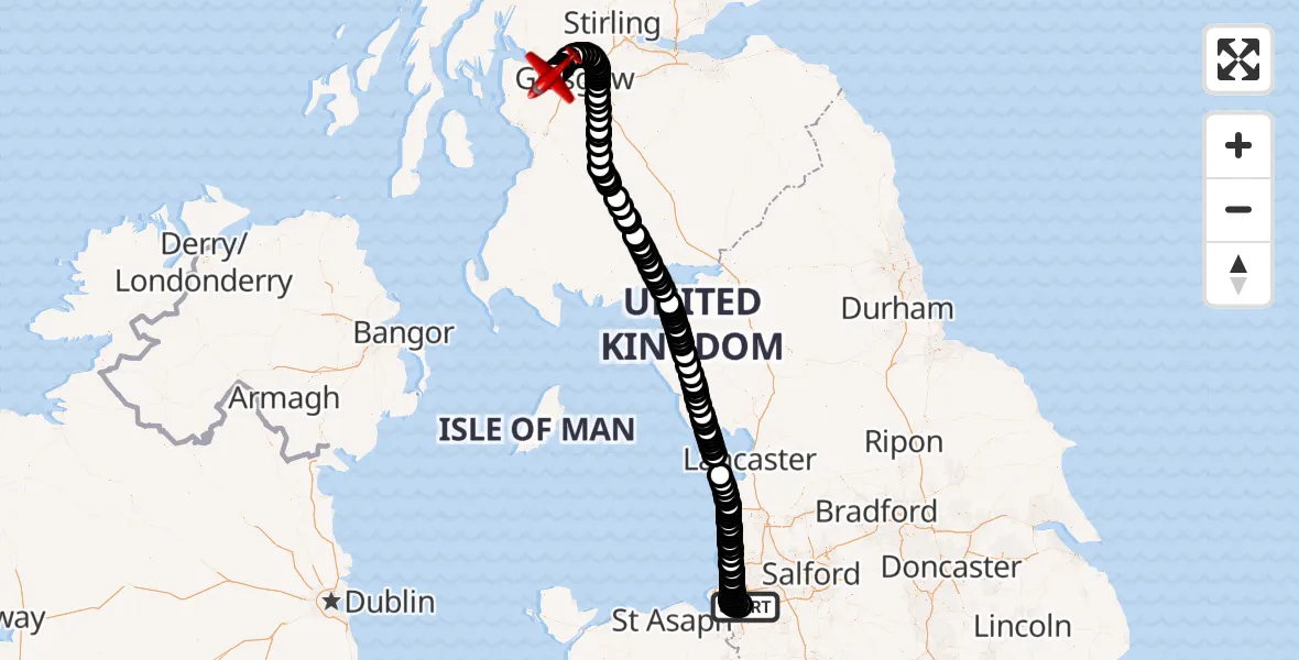 Flight route Air Ambulance Aircraft Liverpool John Lennon Airport - Glasgow Airport, 10 June 2026, 04:13