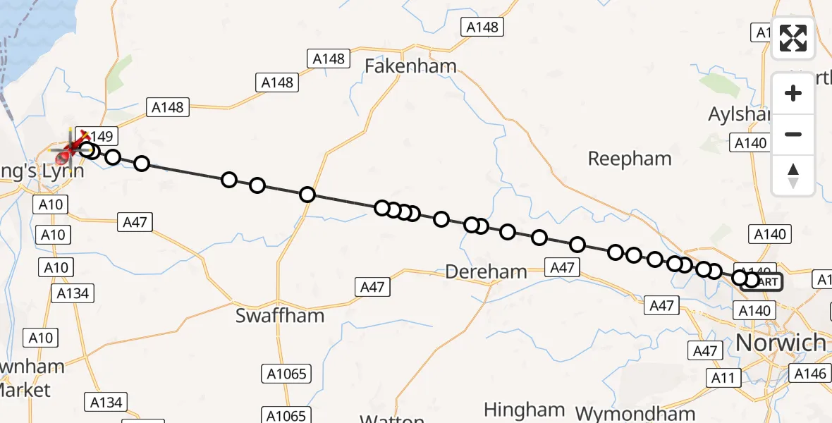 Flight route Air Ambulance Helicopter Norwich Airport - King's Lynn and West Norfolk, 10 June 2026, 04:50