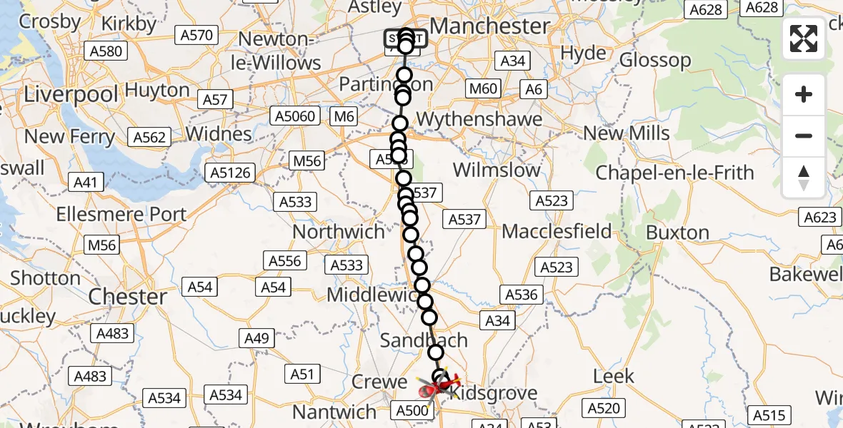 Flight route Air Ambulance Helicopter Manchester Barton Aerodrome - Alsager, 10 June 2026, 05:44