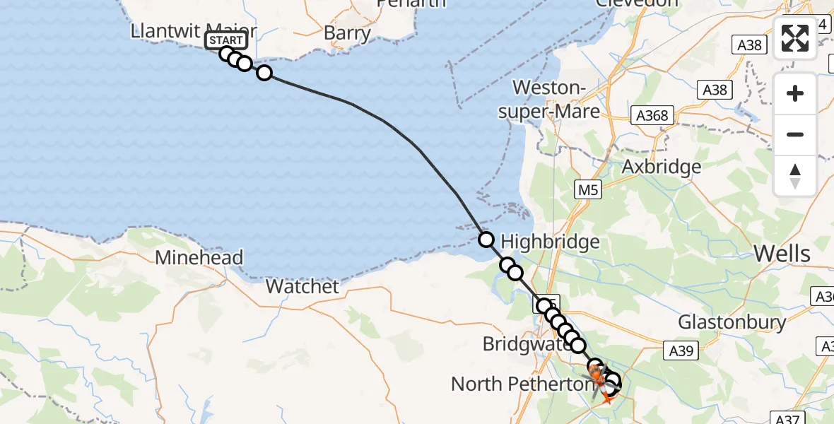 Flight route Coastguard Helicopter MOD St Athan - Middlezoy, 10 June 2026, 05:57