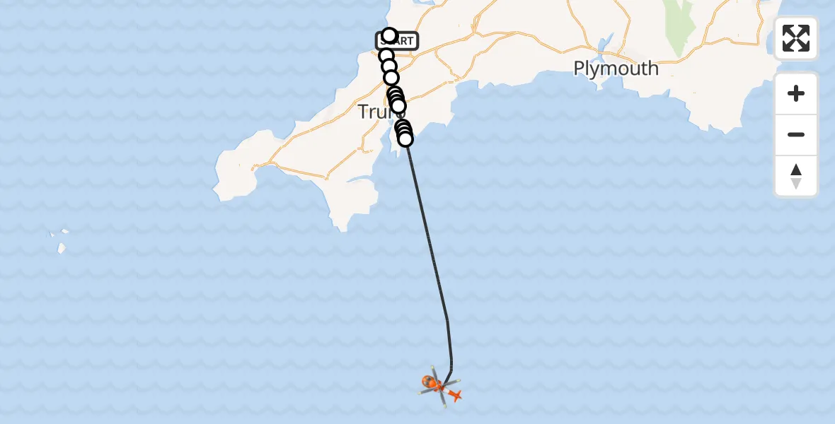 Flight route Coastguard Helicopter Cornwall Airport Newquay - English Channel, 10 June 2026, 06:01