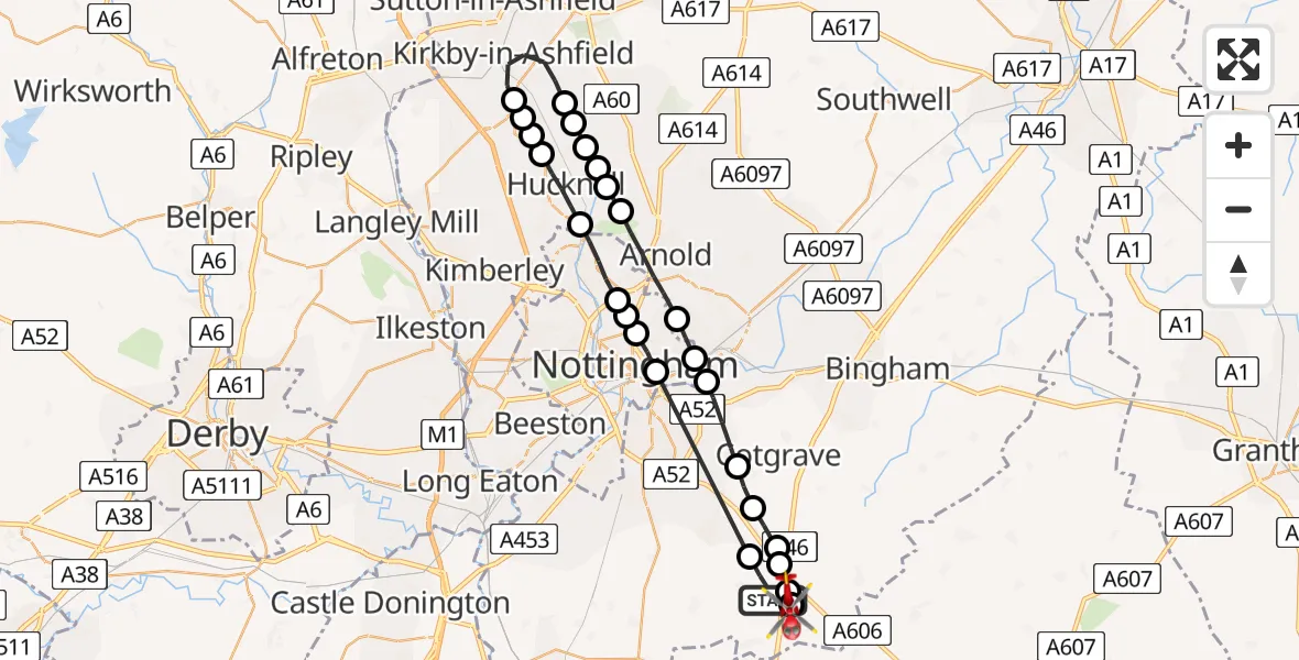 Flight route Air Ambulance Helicopter Widmerpool - Nottingham Heliport, 10 June 2026, 06:24