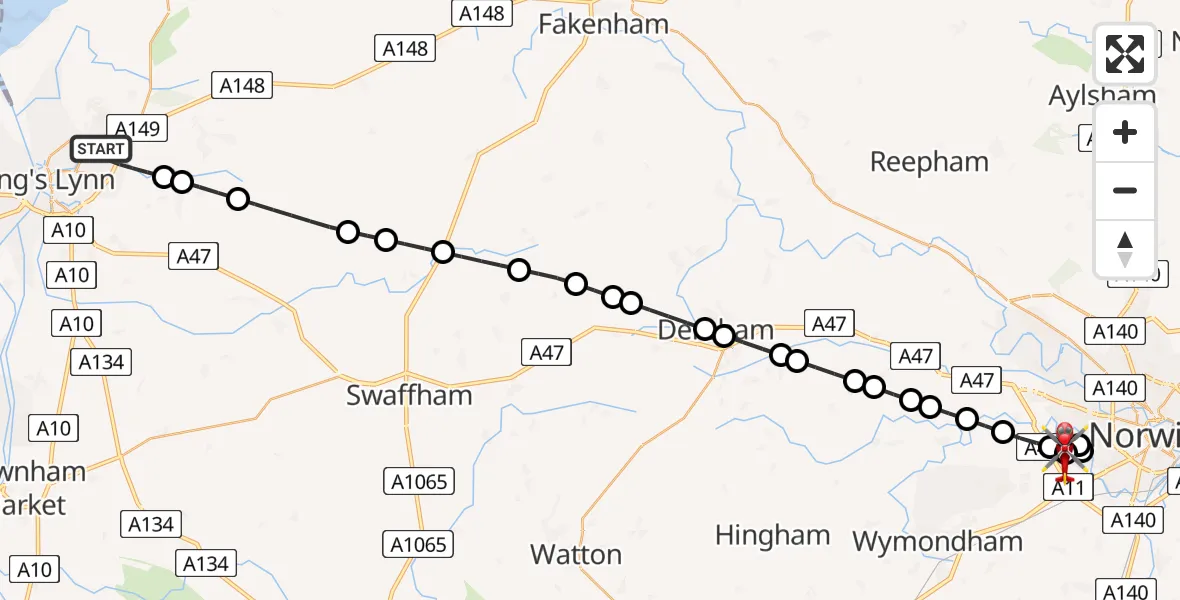 Flight route Air Ambulance Helicopter King's Lynn and West Norfolk - Norfolk & Norwich Hospital, 10 June 2026, 06:28