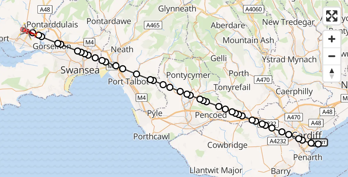 Flight route Air Ambulance Helicopter Cardiff Heliport - Dafen, 10 June 2026, 06:49