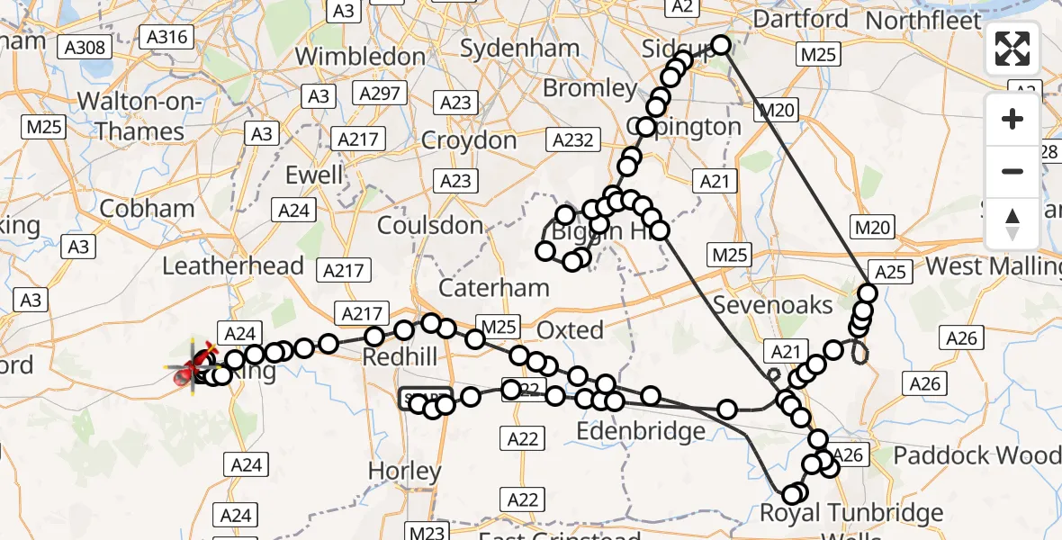 Flight route Air Ambulance Helicopter Redhill Aerodrome - Westcott, 10 June 2026, 07:05