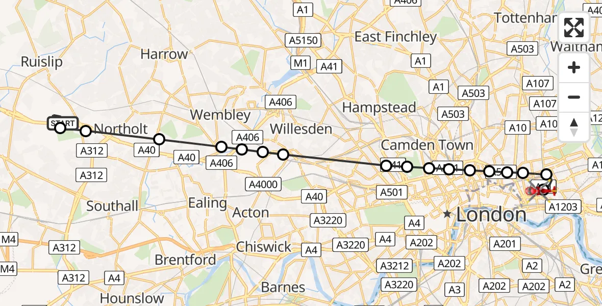 Flight route Air Ambulance Helicopter RAF Northolt - Royal London Hospital, 10 June 2026, 07:09