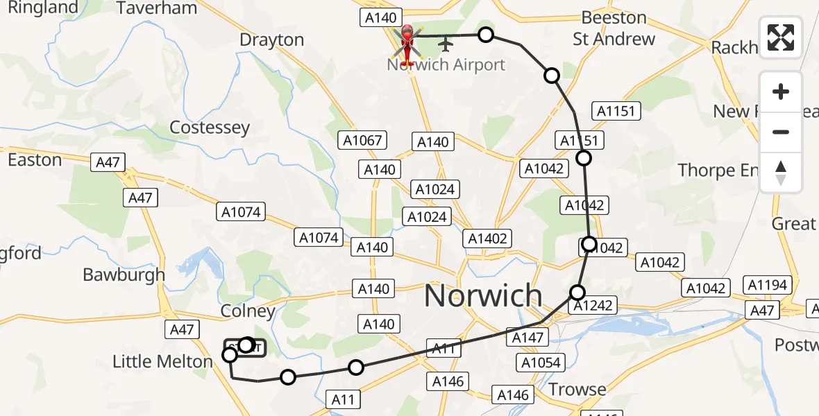 Flight route Air Ambulance Helicopter Norfolk & Norwich Hospital - Norwich Airport, 10 June 2026, 07:29