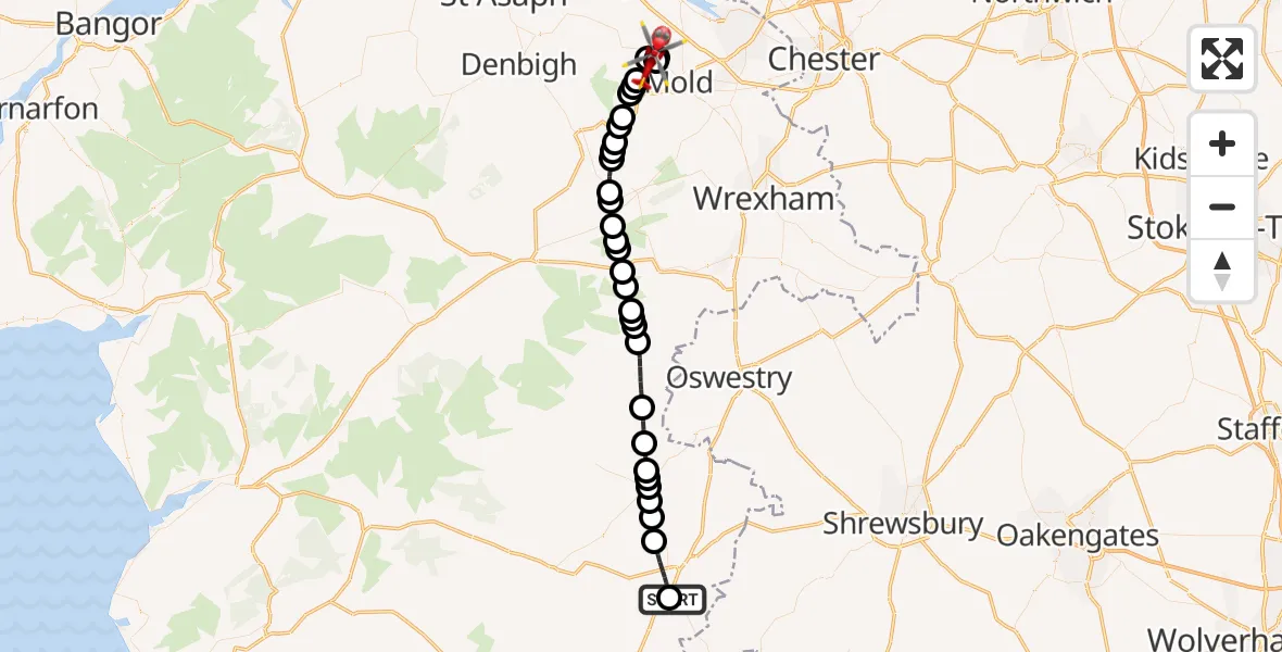 Flight route Air Ambulance Helicopter Welshpool Airport - Rhydymwyn, 10 June 2026, 08:08