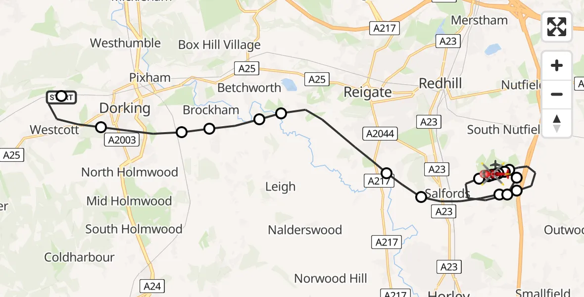 Flight route Air Ambulance Helicopter Mole Valley - Tandridge, 10 June 2026, 08:12