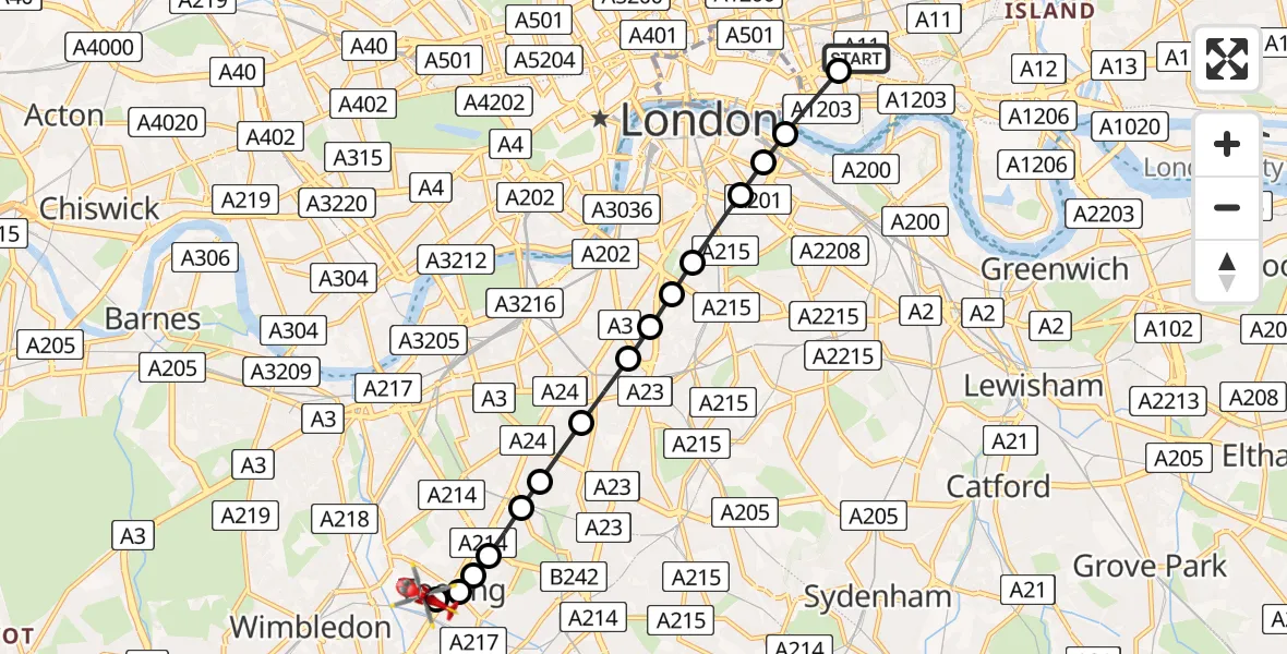Flight route Air Ambulance Helicopter Royal London Hospital - St Georges Hospital, 10 June 2026, 08:19