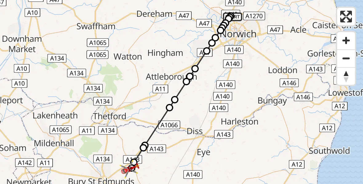 Flight route Air Ambulance Helicopter Norwich Airport - Pakenham, 10 June 2026, 08:28
