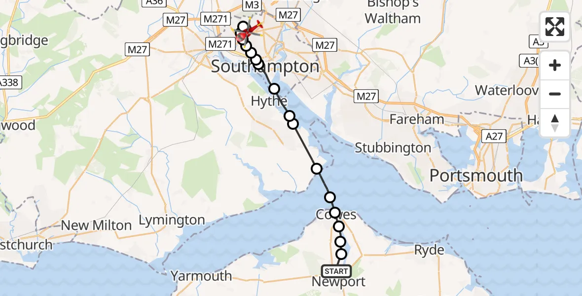 Flight route Air Ambulance Helicopter St Marys Hospital Isle Of Wight - Hollybrook, 10 June 2026, 08:51