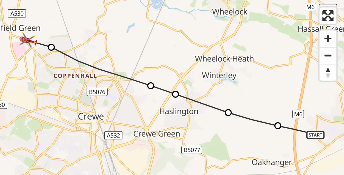 Flight route Air Ambulance Helicopter Alsager - Bradfield Green, 10 June 2026, 08:59