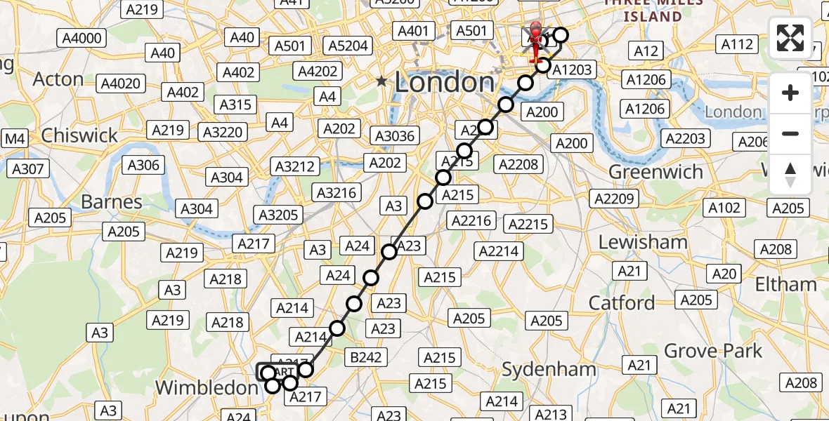 Flight route Air Ambulance Helicopter St Georges Hospital - Royal London Hospital, 10 June 2026, 09:06