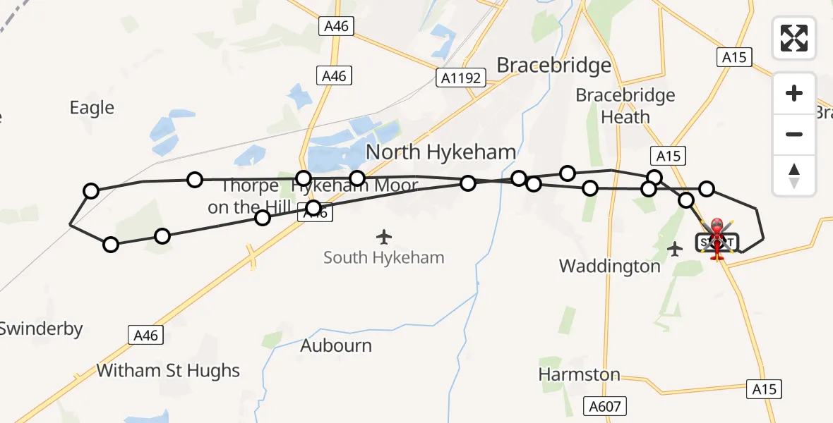 Flight route Air Ambulance Helicopter RAF Waddington - North Kesteven, 10 June 2026, 09:08