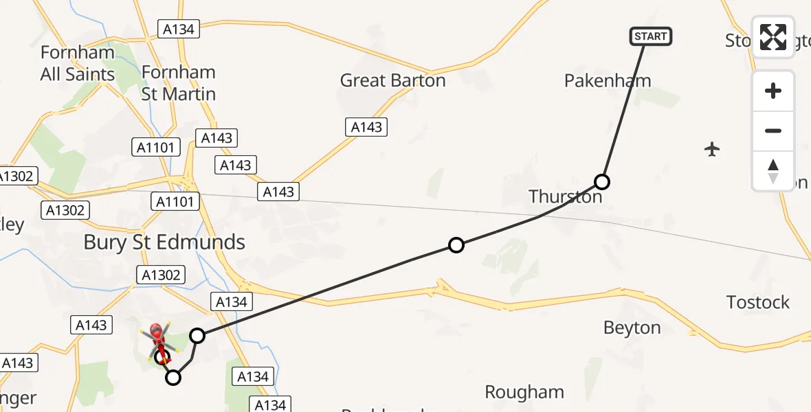 Flight route Air Ambulance Helicopter Pakenham - Bury St Edmunds, 10 June 2026, 09:16