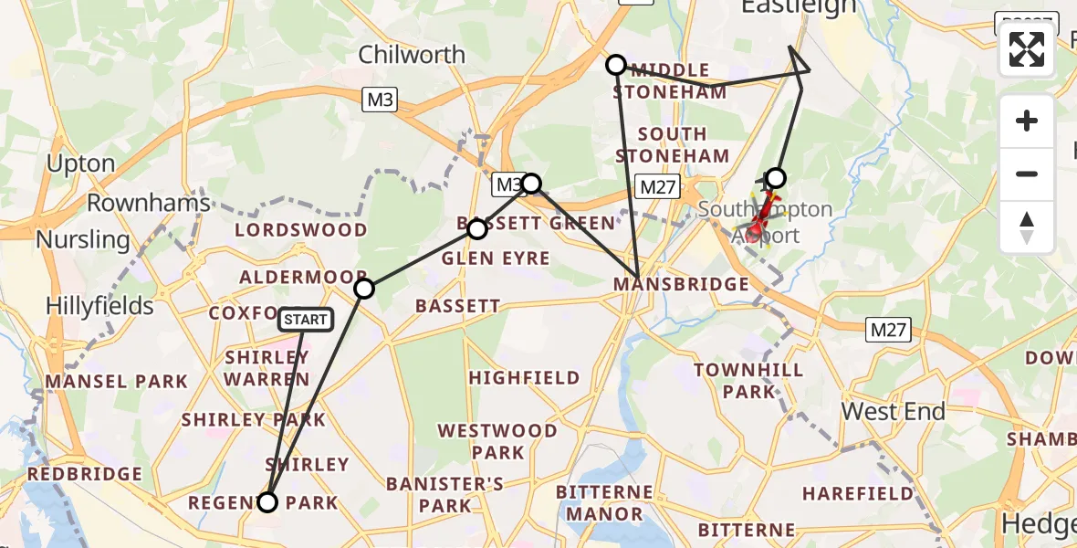 Flight route Air Ambulance Helicopter University Hospital Southampton - Southampton Airport, 10 June 2026, 09:25