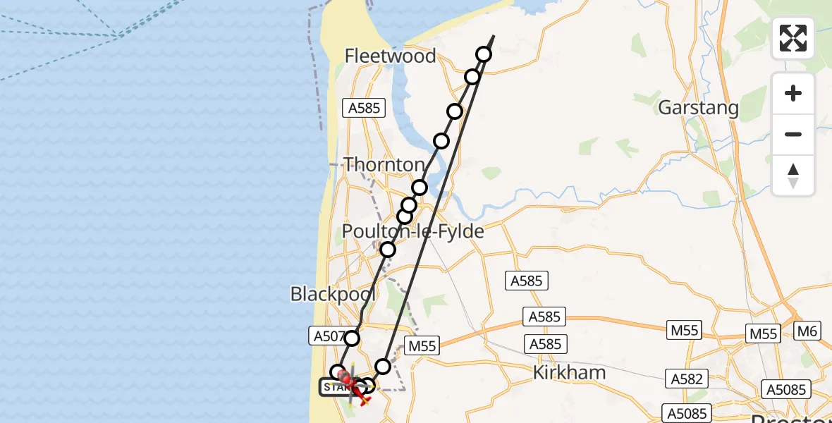 Flight route Air Ambulance Helicopter Blackpool Airport - Blackpool Airport, 10 June 2026, 09:27